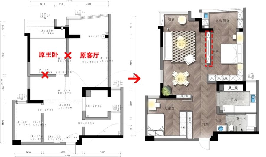 飞墨设计||《青木流年》80㎡经典老房改造，客厅变卧室、餐厅变玄关，1:1还原效果图