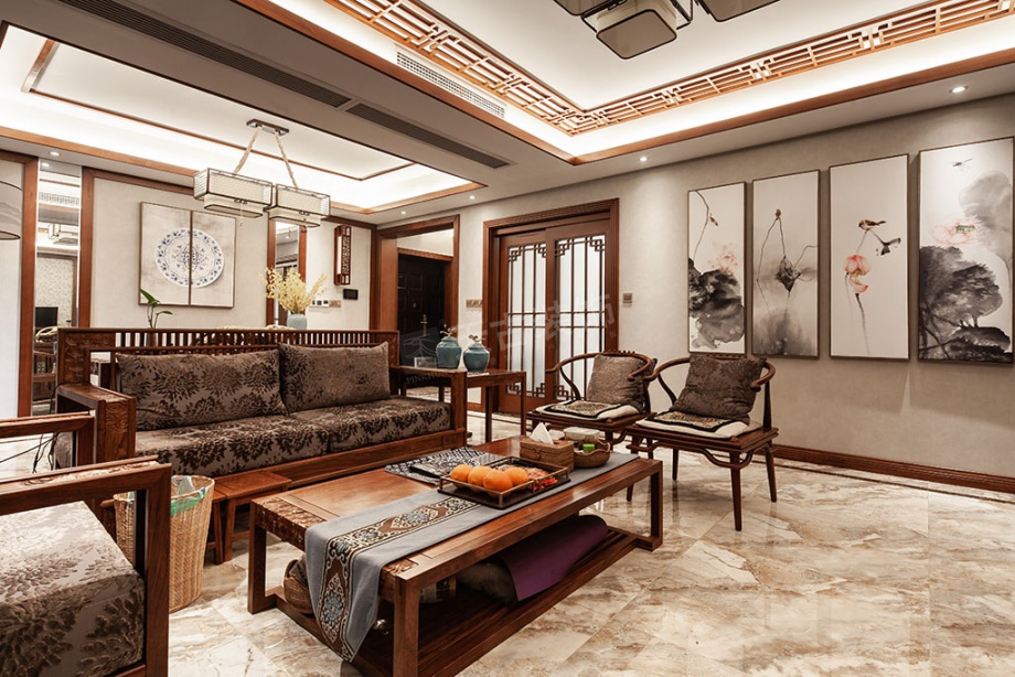 华宇天宫花城装修,150平米洋房中式风格装修设计完工实景