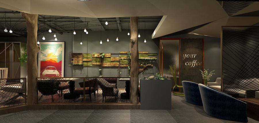 300平咖啡厅空间设计，凤栖梧桐作品<右耳咖啡>