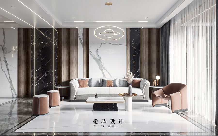 現代輕奢客廳餐廳效果圖案例