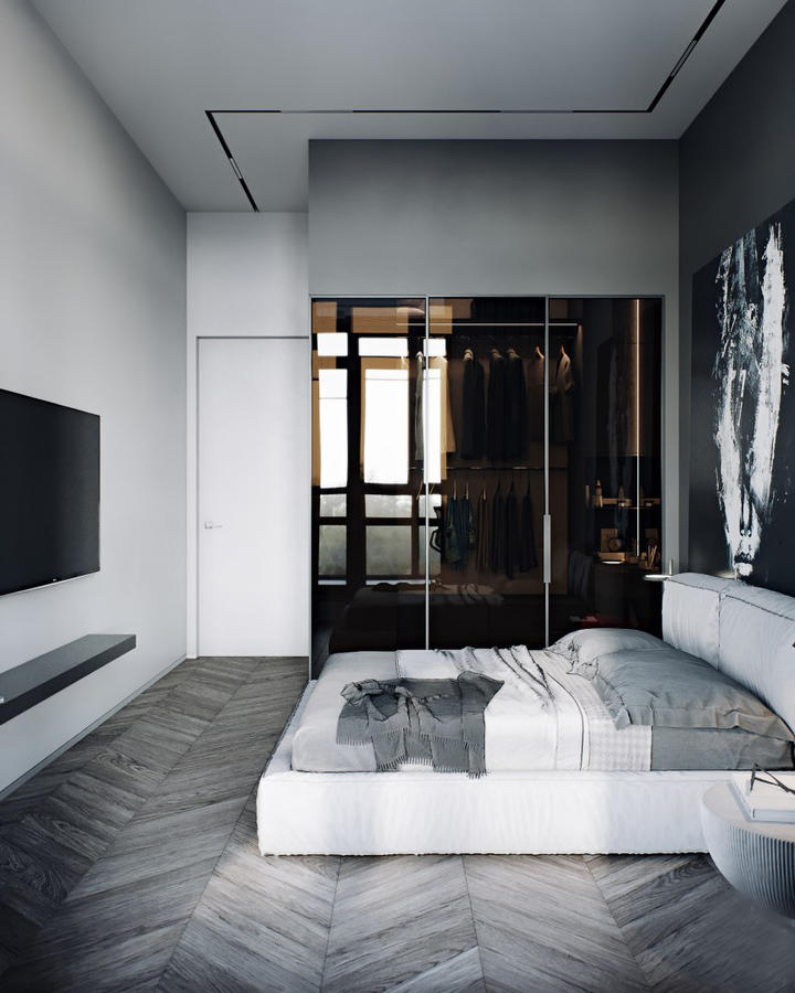 明斯克黑白灰色调现代公寓，非明艳色彩的运用