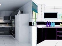 黑白简洁时尚的厨房,3D室内整体效果模型